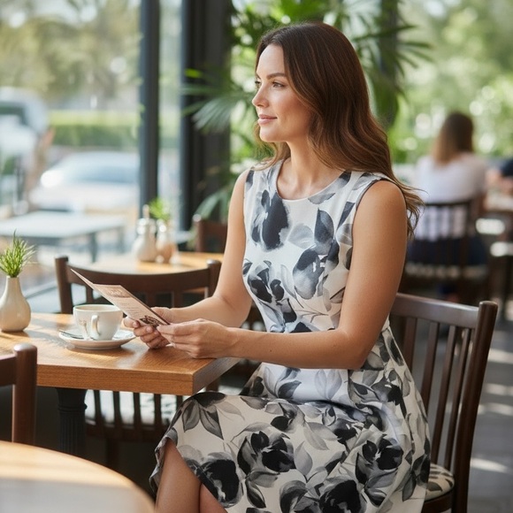 Calvin Klein Black and White Floral Midi Dress NWOT - Picture 2 of 5